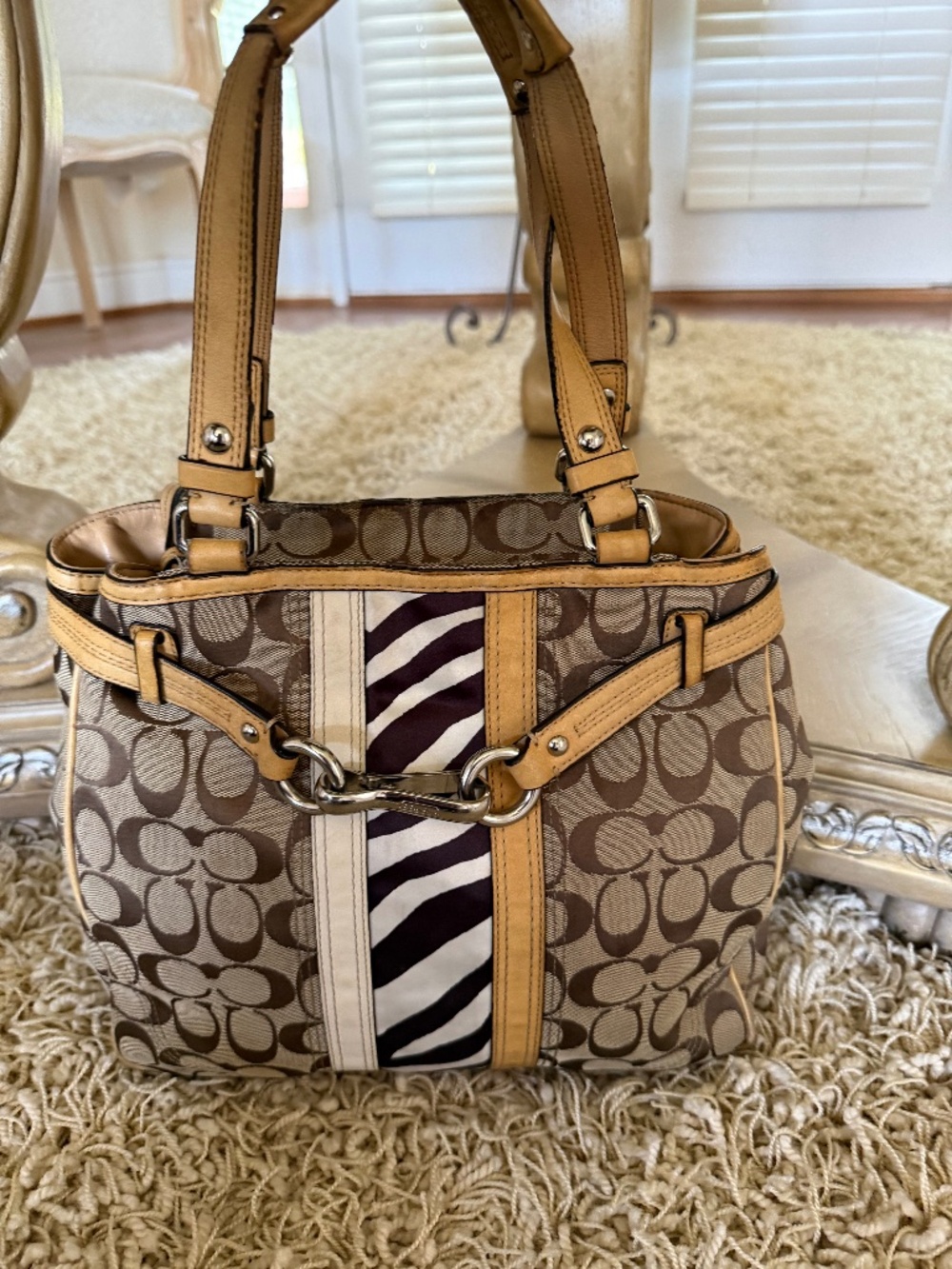 Coach Nancy Signature C Zebra Stripe Tote Bag/Handbag Tan/Brown F13993